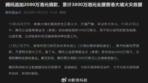 腾讯追加2000万港元支援香港火灾救援 累计达3000万