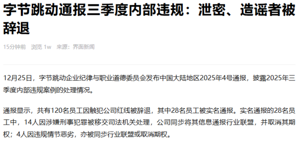 字节发布纪律与职业道德委员会通报 共120人被辞退 字节发布纪律与职业道德委员会通报 共120人被辞退