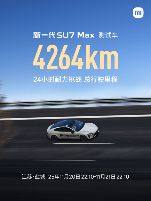 超YU7！新一代小米SU7 Max 24小时耐力挑战达4264km