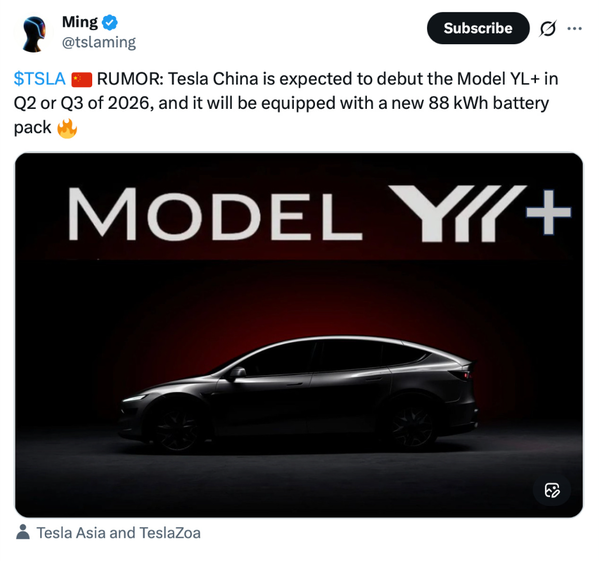 曝特斯拉今年将发布Model Y L＋ 88度电池 续航800km
