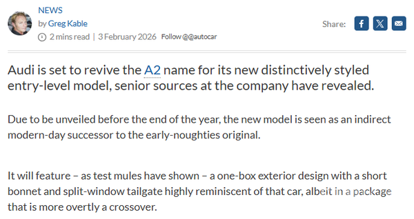 奥迪将复活A2车型 或间接取代A1与Q2车型 年底前发布