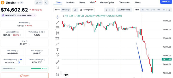 比特币日内大跌约8% 最低跌破7.3万美元 年内下跌16%