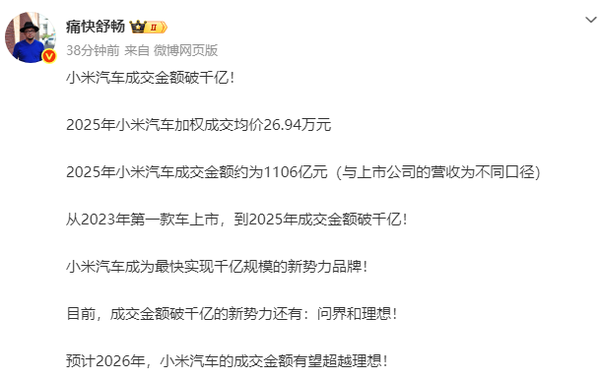曝2025年小米汽车成交金额超千亿人民币 新势力最快？