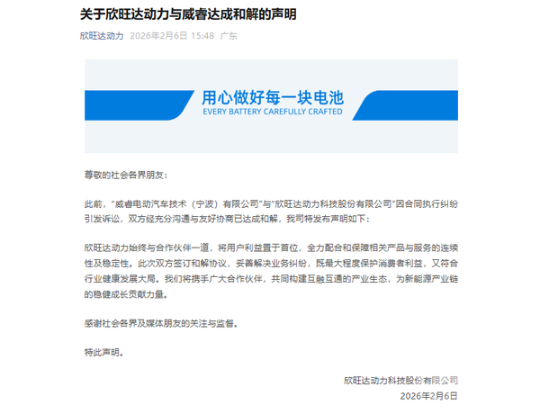 欣旺达声明：已与吉利系公司威睿电动签订和解协议