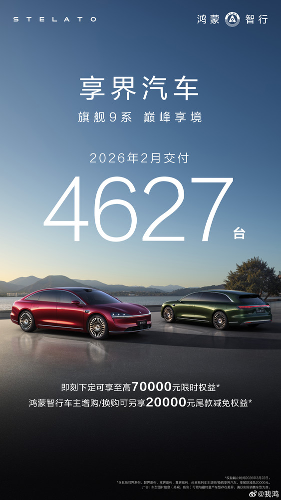 曝享界汽车2月交付4627台 1-2月交付突破10000台