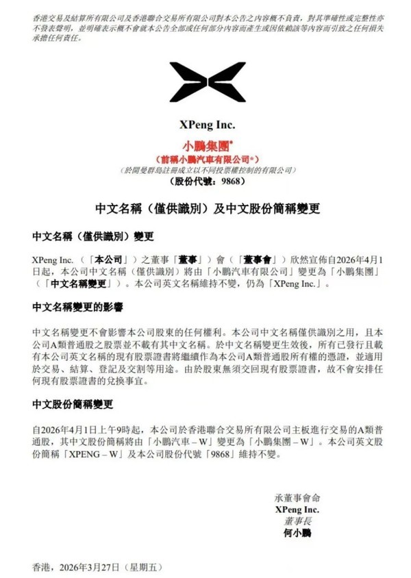 小鹏汽车官宣更名小鹏集团 英文名称仍为“XPengInc.” 小鹏汽车官宣更名小鹏集团 英文名称仍为“XPengInc.”