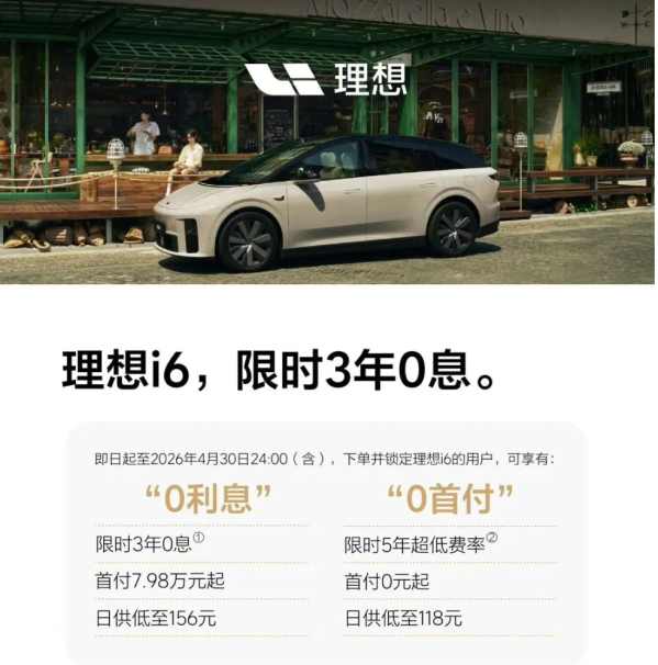 理想i6推出限时金融及购车权益 可享3年0息或5年超低月供