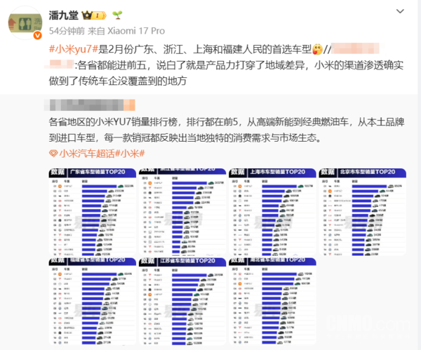 潘九堂：小米YU7成华东四省&ldquo;首选&rdquo;车型 2月纯电销冠