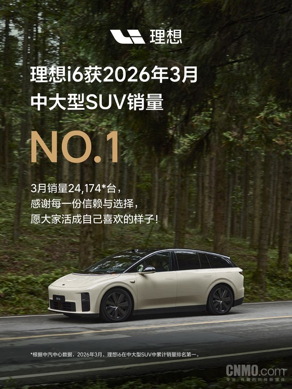 理想i6获3月中大型SUV销量排名第一 当月销量超2.4万