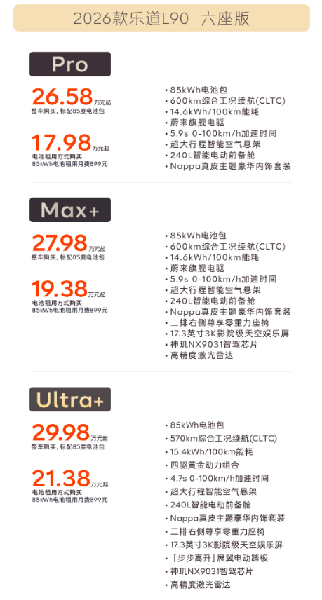 2026款乐道L90上市 租电17.98万起 提供六座/七座版本