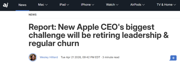 外媒：苹果新任CEO面临领导层退休与人员流动挑战