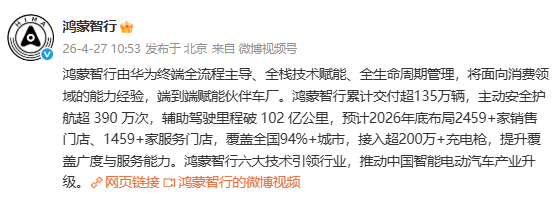 鸿蒙智行2026年服务网络蓝图出炉：接入超200万根充电枪