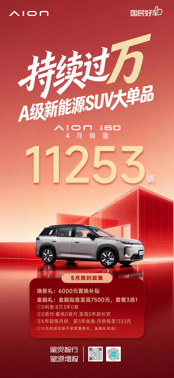 埃安i60四月销量11253台！综合续航里程可达1240km