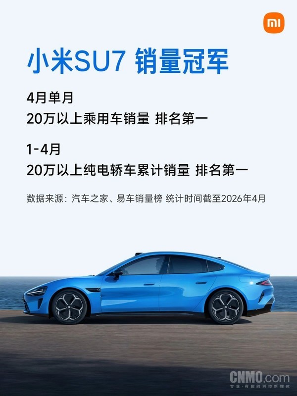 小米SU7获20万以上纯电轿车销冠 YU7获全国SUV销冠 小米SU7获20万以上纯电轿车销冠 YU7获全国SUV销冠