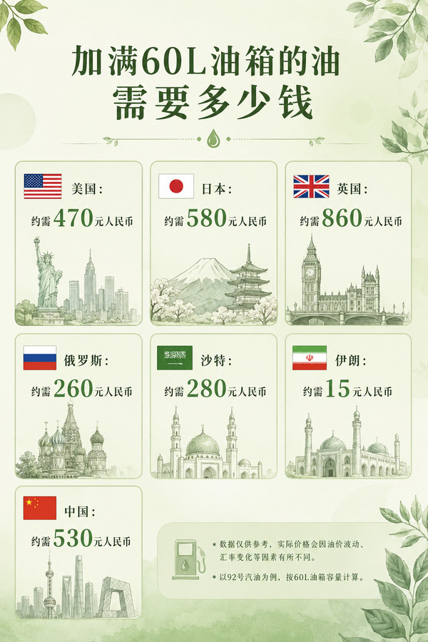 图源:电车出海 多国加满60升油箱油价对比:伊朗约15元 美国470元