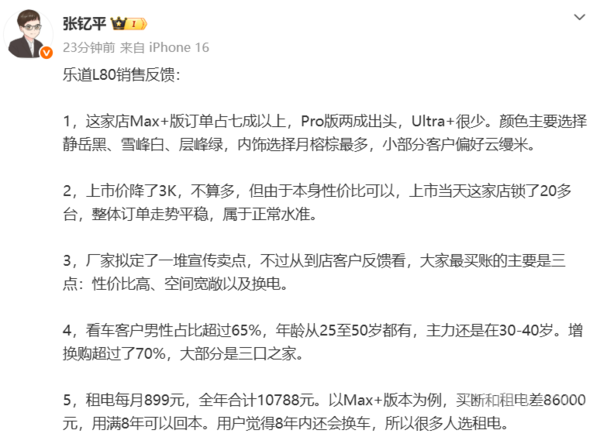 乐道L80销售反馈：Max+版订单占比超七成 Ultra+版最少