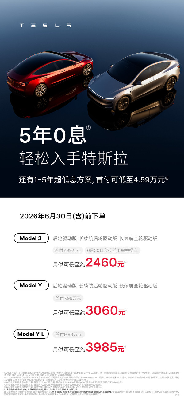 特斯拉推出Model 3/Model Y“轻松贷” 年化利率低至0.99% 特斯拉推出Model 3/Model Y“轻松贷” 年化利率低至0.99%