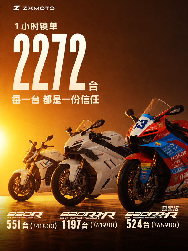 张雪宣布820系列一小时锁单量达2272台 售价超4万