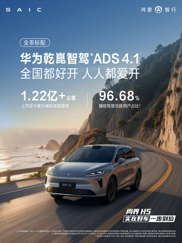 尚界H5辅助驾驶数据公布:累计行驶突破1.22亿公里 尚界H5辅助驾驶数据公布:累计行驶突破1.22亿公里