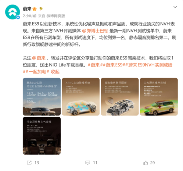 相关报道 蔚来ES9第三方NVH测试结果出炉:所有车速下均为第一