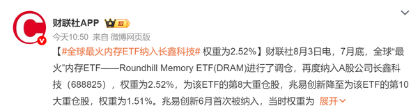 相关报道 全球最火内存ETF再度纳入长鑫科技 权重达到2.52%
