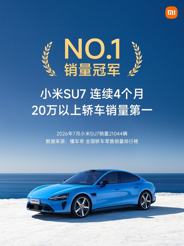 小米SU7连续四月获20万+轿车销冠 小米SU7连续四月获20万+轿车销冠 击败凯美瑞和宝马3系