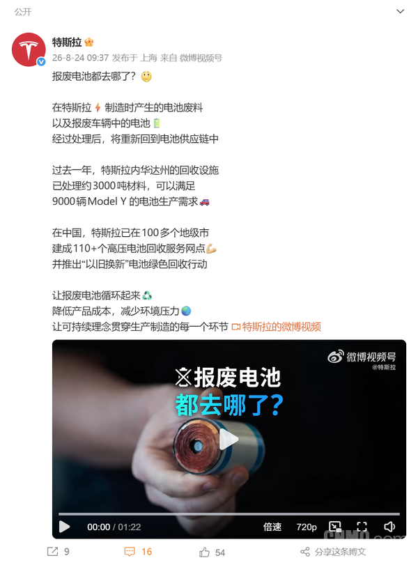 特斯拉公布电池回收数据 单座设施一年处理3千吨材料 特斯拉公布电池回收数据 单座设施一年处理3千吨材料