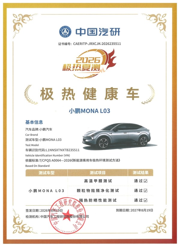 小鹏MONA L03获中国汽研极热夏测双料认证 全优通过 小鹏MONA L03获中国汽研极热夏测双料认证 全优通过