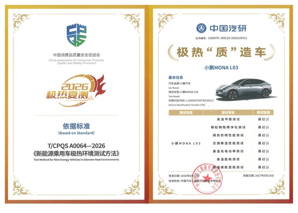 小鹏MONA L03获中国汽研极热夏测双料认证 全优通过 小鹏MONA L03获中国汽研极热夏测双料认证 全优通过