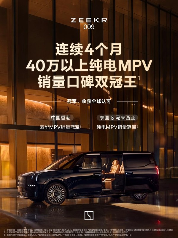 三个第一!极氪009蝉联40万以上纯电MPV销量冠军 三个第一!极氪009蝉联40万以上纯电MPV销量冠军