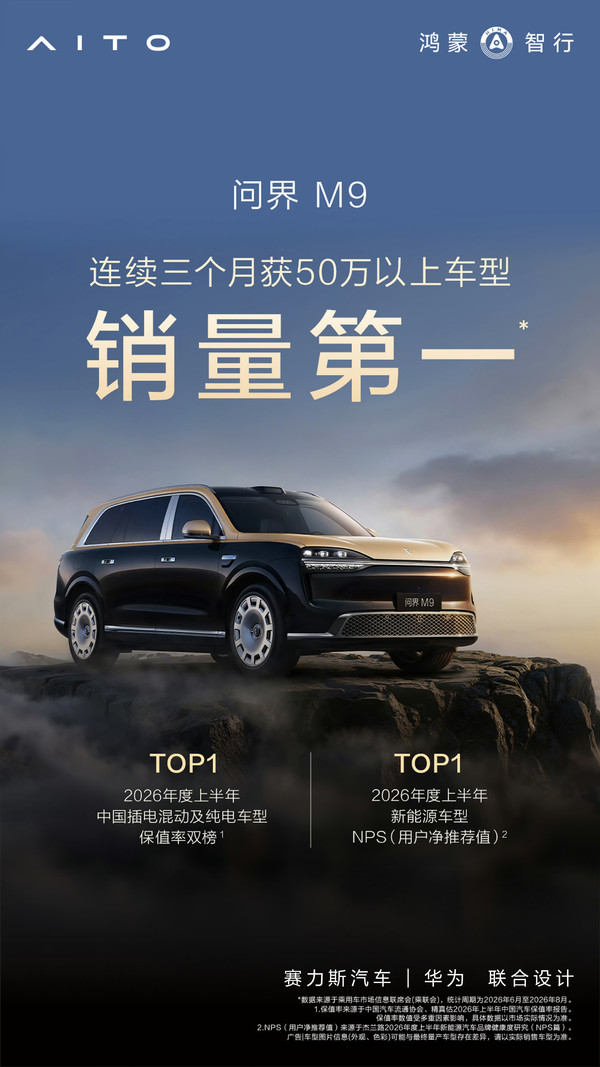 问界汽车 鸿蒙智行:问界M9连续3个月蝉联50万以上销量TOP1