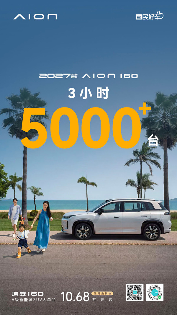 2027款埃安i60上市3小时订单突破5000台 共六款车型 2027款埃安i60上市3小时订单突破5000台 共六款车型
