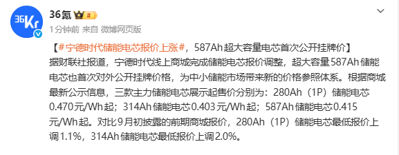 相关报道 宁德时代储能电芯报价全线上调 587Ah电芯公开挂牌价