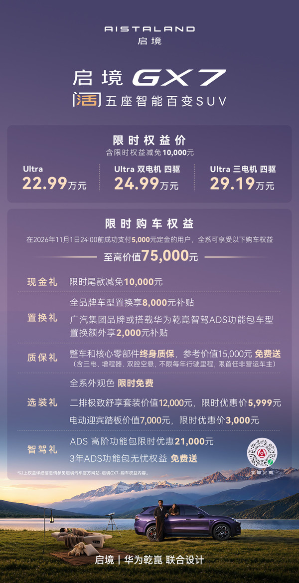 阔五座SUV启境GX7正式上市 限时权益价22.99万元起 阔五座SUV启境GX7正式上市 限时权益价22.99万元起