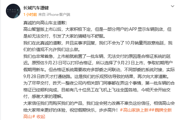 长城向高山车主致歉：误判合格证通过时间 昨天才打通