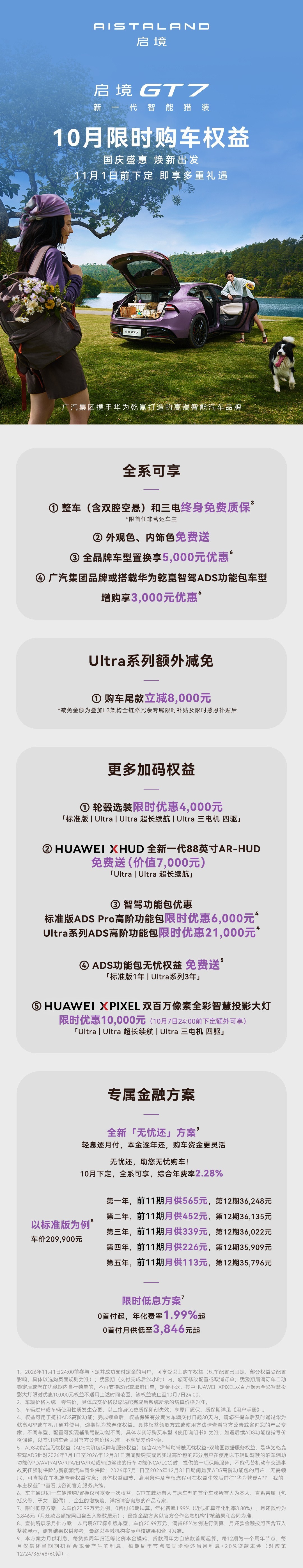 启境GT7公布十月购车权益 启境GT7公布十月购车权益:开通华为ADS最高减2.1万
