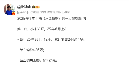 相关数据 曝小米YU7上市一年单车销售额达624亿 均价超26万