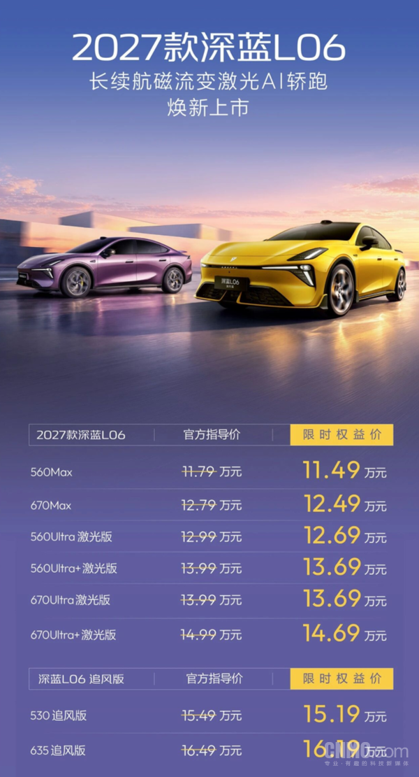 限时价11.49万元起!2027款深蓝L06与追风版双车上市 限时价11.49万元起!2027款深蓝L06与追风版双车上市