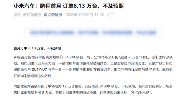 相关报道 消息称小米澎程首月订单约8.13万台 未达内部预期