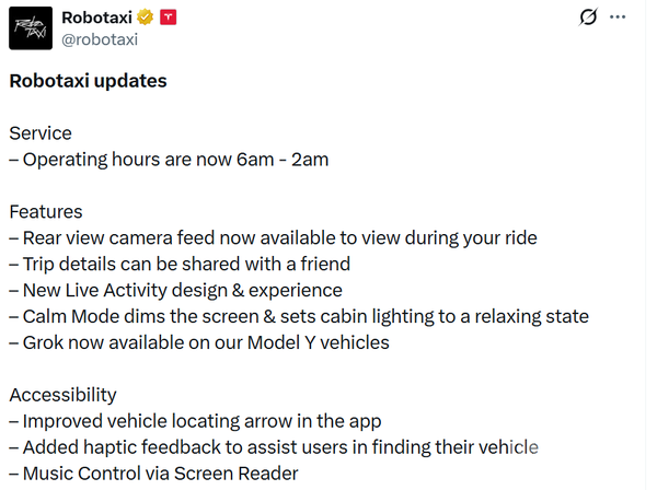 特斯拉Robotaxi运营时间延长至凌晨2点 Grok登陆Model Y 特斯拉Robotaxi运营时间延长至凌晨2点 Grok登陆Model Y